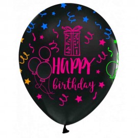 Happy Birthday Florasan Baskili Siyah Latex Balon 8 Adet